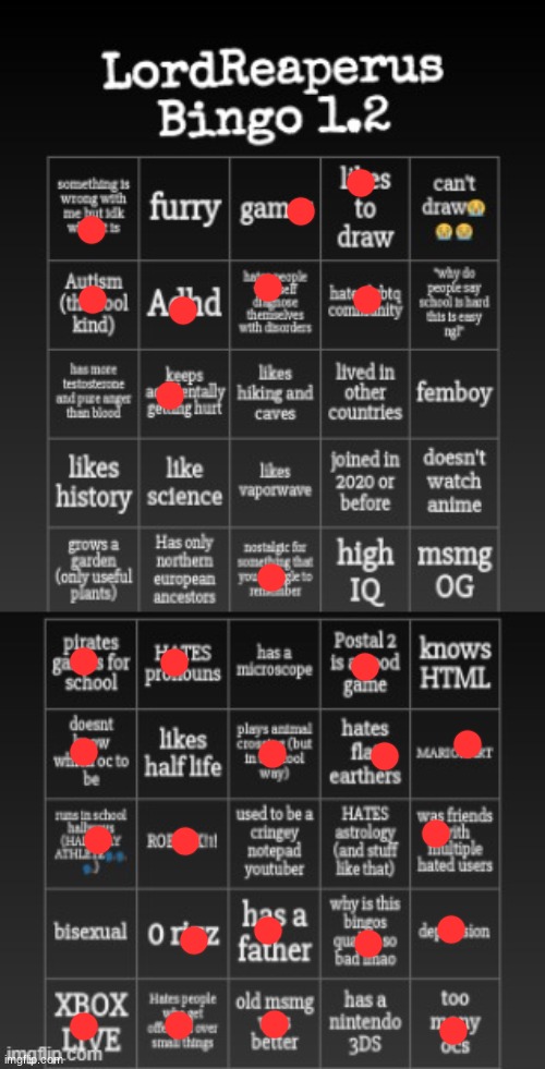 image tagged in lordreaperus bingo 1 2 | made w/ Imgflip meme maker