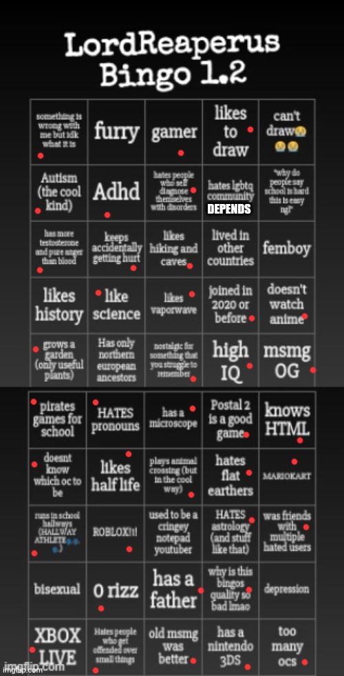 I had an old acc I forgot the password to | DEPENDS | image tagged in lordreaperus bingo 1 2 | made w/ Imgflip meme maker