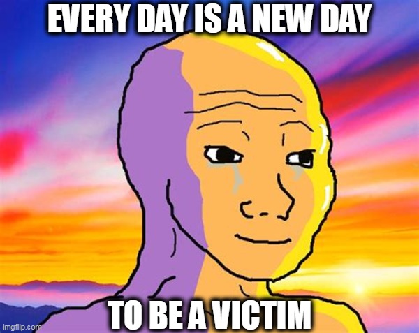 The new virtue signal | EVERY DAY IS A NEW DAY; TO BE A VICTIM | image tagged in sunset wojak,victim,virtue signalling,woke | made w/ Imgflip meme maker