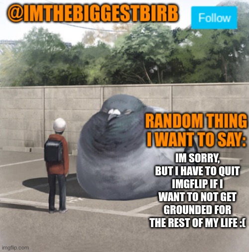 thanks to all of my friends on here who suported me | IM SORRY, BUT I HAVE TO QUIT IMGFLIP IF I WANT TO NOT GET GROUNDED FOR THE REST OF MY LIFE :( | image tagged in biggestbirb announcement template | made w/ Imgflip meme maker