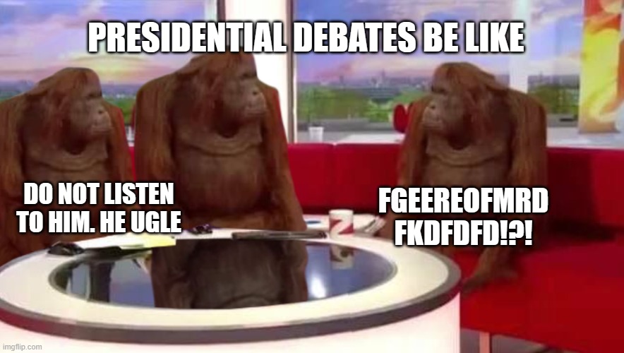 where monkey | PRESIDENTIAL DEBATES BE LIKE; DO NOT LISTEN TO HIM. HE UGLE; FGEEREOFMRD
FKDFDFD!?! | image tagged in where monkey | made w/ Imgflip meme maker