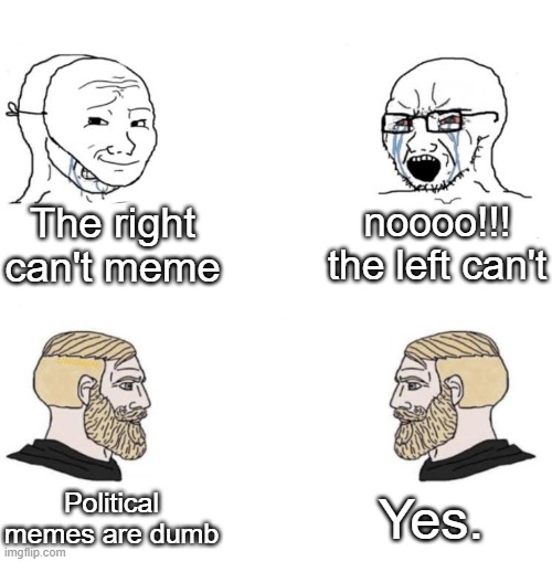I mean yeah | The right can't meme; noooo!!! the left can't; Yes. Political memes are dumb | image tagged in chad we know,memes,funny,lol | made w/ Imgflip meme maker