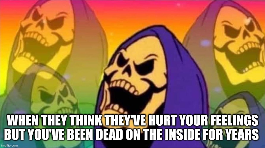 Laughing rainbow skeletor | WHEN THEY THINK THEY'VE HURT YOUR FEELINGS BUT YOU'VE BEEN DEAD ON THE INSIDE FOR YEARS | image tagged in laughing rainbow skeletor | made w/ Imgflip meme maker
