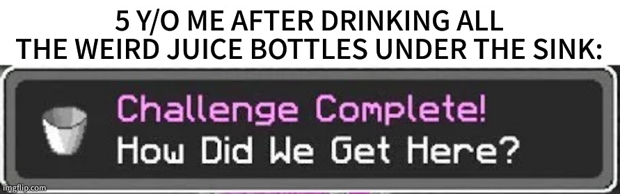 luckily for me I never did this. | 5 Y/O ME AFTER DRINKING ALL THE WEIRD JUICE BOTTLES UNDER THE SINK: | image tagged in how did we get here,memes,minecraft,funny | made w/ Imgflip meme maker