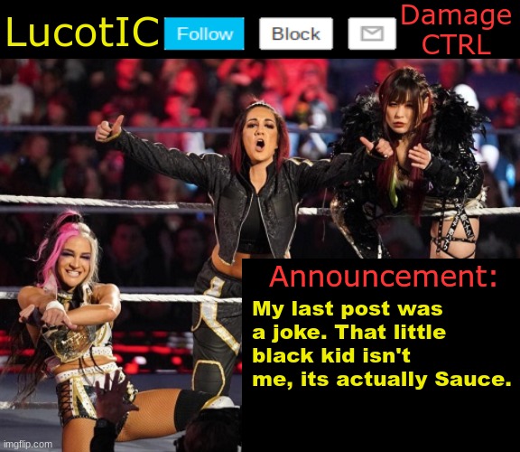 . | My last post was a joke. That little black kid isn't me, its actually Sauce. | image tagged in lucotic's damage ctrl announcement temp | made w/ Imgflip meme maker
