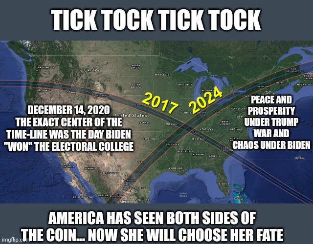 TICK TOCK TICK TOCK; PEACE AND PROSPERITY UNDER TRUMP WAR AND CHAOS UNDER BIDEN; DECEMBER 14, 2020 THE EXACT CENTER OF THE TIME-LINE WAS THE DAY BIDEN "WON" THE ELECTORAL COLLEGE; AMERICA HAS SEEN BOTH SIDES OF THE COIN... NOW SHE WILL CHOOSE HER FATE | made w/ Imgflip meme maker