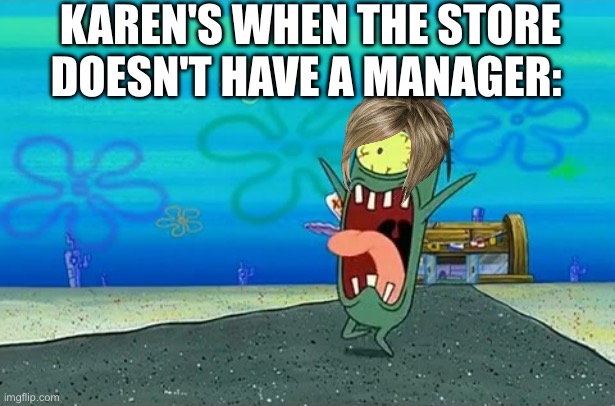 Plankton Screaming | KAREN'S WHEN THE STORE DOESN'T HAVE A MANAGER: | image tagged in plankton screaming,memes | made w/ Imgflip meme maker