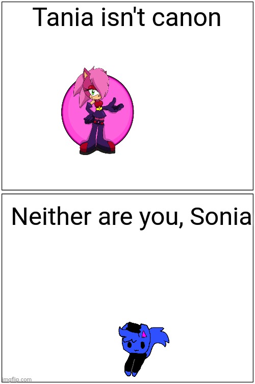 Blank Comic Panel 1x2 Meme | Tania isn't canon; Neither are you, Sonia | image tagged in memes,blank comic panel 1x2 | made w/ Imgflip meme maker
