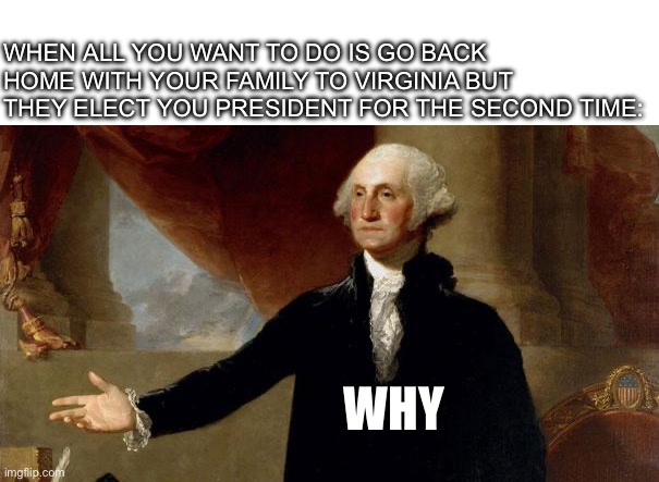 Not again | WHEN ALL YOU WANT TO DO IS GO BACK HOME WITH YOUR FAMILY TO VIRGINIA BUT THEY ELECT YOU PRESIDENT FOR THE SECOND TIME:; WHY | image tagged in george washington,memes,meme | made w/ Imgflip meme maker