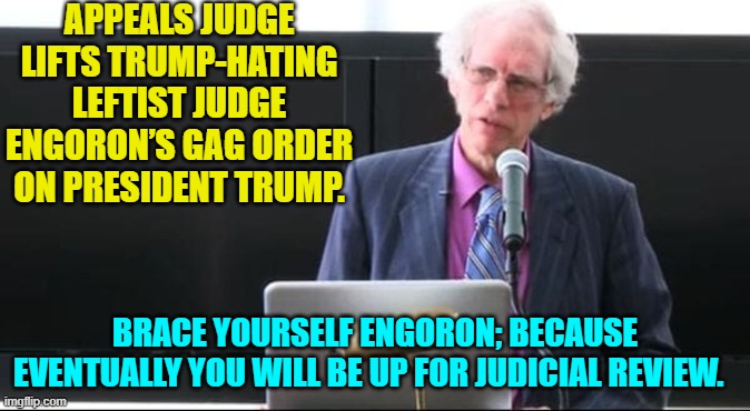 This judge made up his mind about Trump BEFORE the trial and everyone knows it. | APPEALS JUDGE LIFTS TRUMP-HATING LEFTIST JUDGE ENGORON’S GAG ORDER ON PRESIDENT TRUMP. BRACE YOURSELF ENGORON; BECAUSE EVENTUALLY YOU WILL BE UP FOR JUDICIAL REVIEW. | image tagged in yep | made w/ Imgflip meme maker