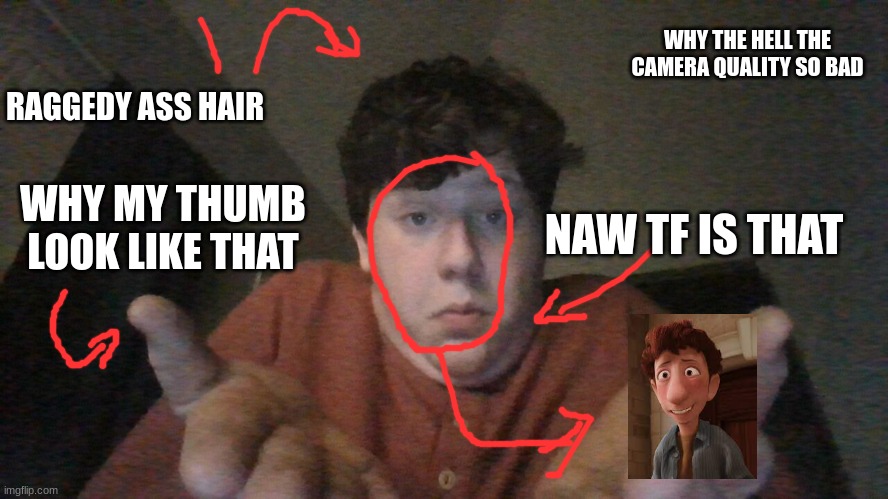 roasting myself. | WHY THE HELL THE CAMERA QUALITY SO BAD; RAGGEDY ASS HAIR; WHY MY THUMB LOOK LIKE THAT; NAW TF IS THAT | made w/ Imgflip meme maker