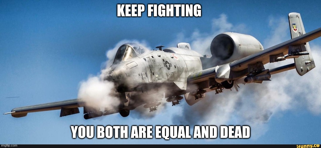 A10 warthog | KEEP FIGHTING YOU BOTH ARE EQUAL AND DEAD | image tagged in a10 warthog | made w/ Imgflip meme maker