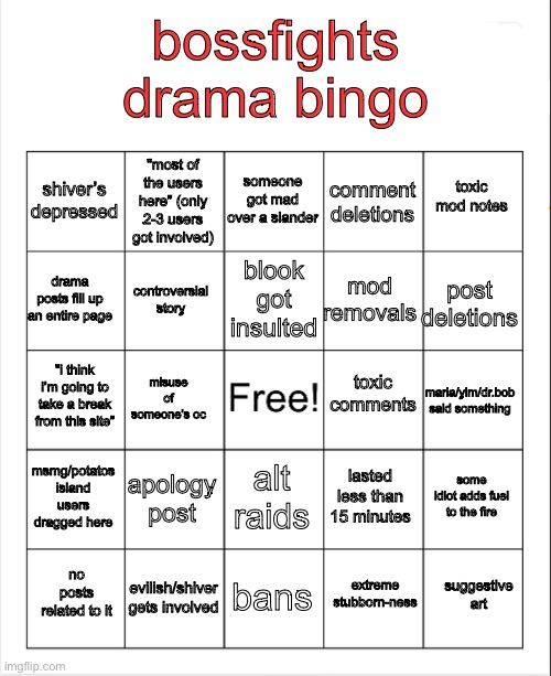 bossfights drama bingo Blank Meme Template