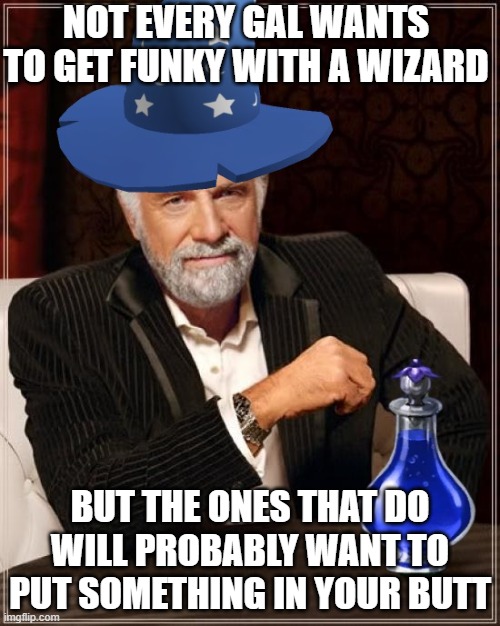 get funky with a wizard | NOT EVERY GAL WANTS TO GET FUNKY WITH A WIZARD; BUT THE ONES THAT DO WILL PROBABLY WANT TO PUT SOMETHING IN YOUR BUTT | image tagged in wizard,lgbtq,dos equis | made w/ Imgflip meme maker