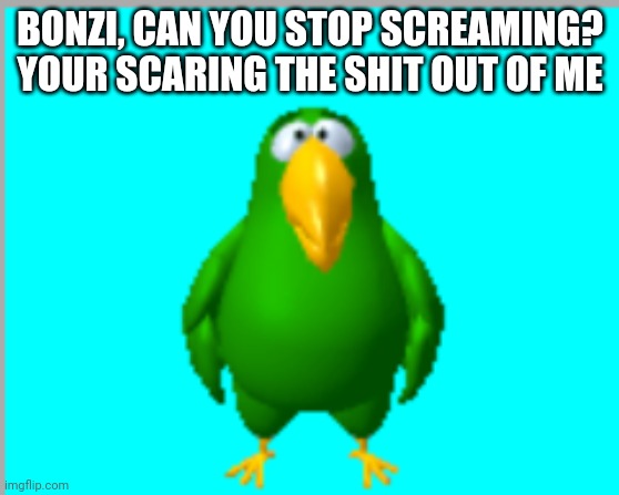 peedy | BONZI, CAN YOU STOP SCREAMING? YOUR SCARING THE SHIT OUT OF ME | image tagged in peedy | made w/ Imgflip meme maker