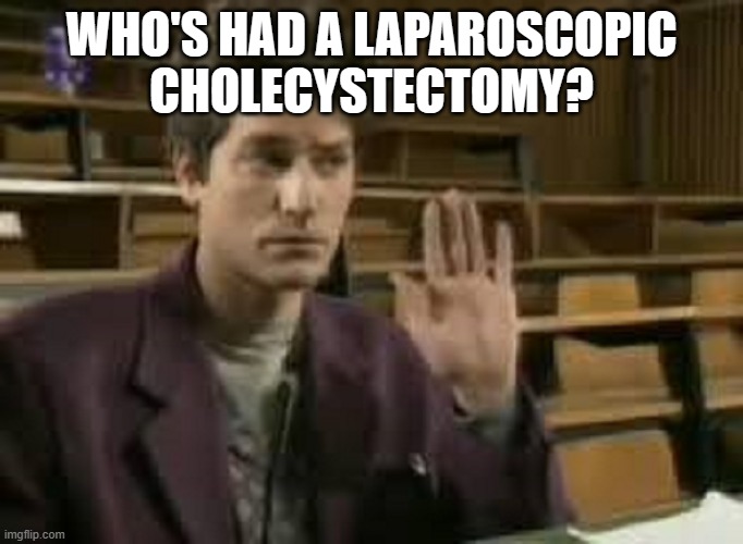 medical term 1 | WHO'S HAD A LAPAROSCOPIC
CHOLECYSTECTOMY? | image tagged in student | made w/ Imgflip meme maker