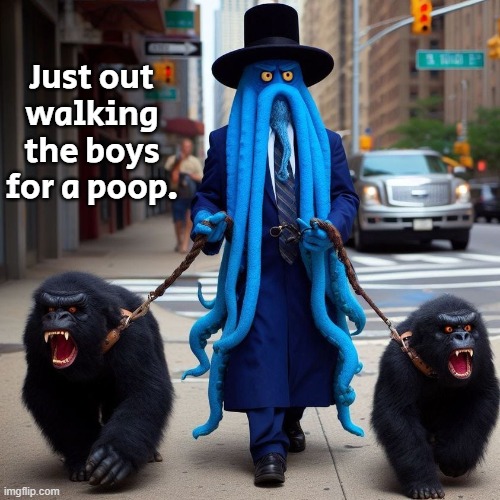 Cthulhu walking the pet baboons | Just out
walking the boys for a poop. | image tagged in cthulhu walking the hell hounds,monster,baboon | made w/ Imgflip meme maker
