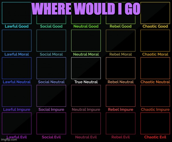 5x5 Alignment Chart | WHERE WOULD I GO | image tagged in 5x5 alignment chart | made w/ Imgflip meme maker