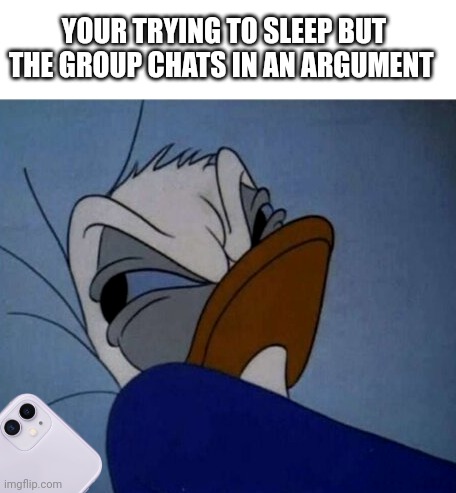 This be happening every night | YOUR TRYING TO SLEEP BUT THE GROUP CHATS IN AN ARGUMENT | image tagged in angry donald duck in bed,true,group chats,sleep | made w/ Imgflip meme maker