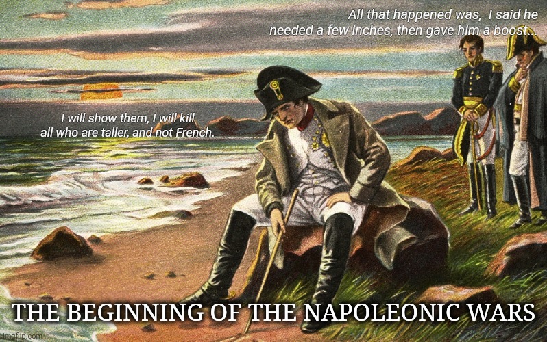 Napoleon | All that happened was,  I said he needed a few inches, then gave him a boost... I will show them, I will kill all who are taller, and not French. THE BEGINNING OF THE NAPOLEONIC WARS | image tagged in napoleon | made w/ Imgflip meme maker
