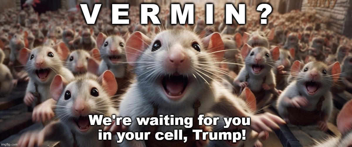 Vermin? | V E R M I N ? We're waiting for you 
in your cell, Trump! | image tagged in vermin,rats,prison,trump for prison,never trump | made w/ Imgflip meme maker