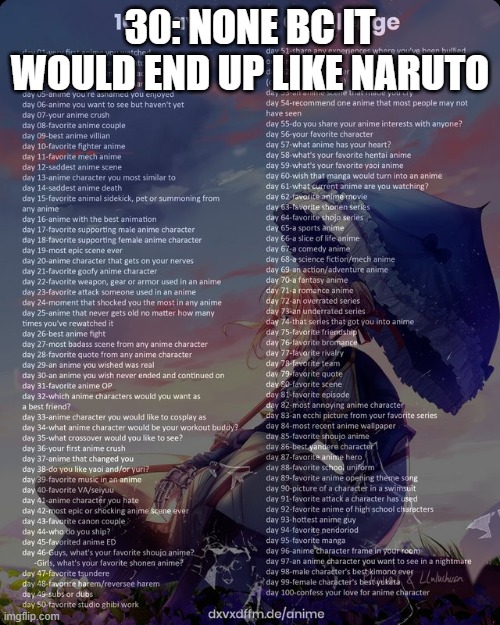 the longer it runs, the higher the chance of it getting botched | 30: NONE BC IT WOULD END UP LIKE NARUTO | image tagged in 100 day anime challenge | made w/ Imgflip meme maker
