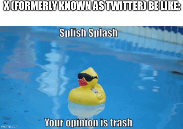 Twitter be like meme | X (FORMERLY KNOWN AS TWITTER) BE LIKE: | image tagged in splish splash your opinion is trash,twitter,be like | made w/ Imgflip meme maker