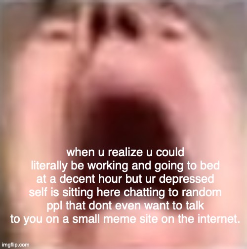yay | when u realize u could literally be working and going to bed at a decent hour but ur depressed self is sitting here chatting to random ppl that dont even want to talk to you on a small meme site on the internet. | image tagged in yet another guy screaming | made w/ Imgflip meme maker