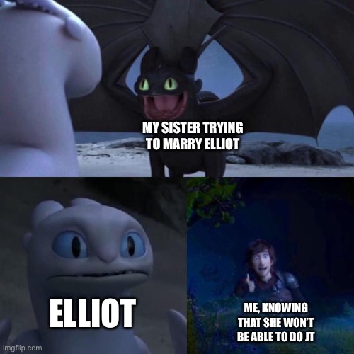 Toothless presents himself | MY SISTER TRYING TO MARRY ELLIOT; ELLIOT; ME, KNOWING THAT SHE WON’T BE ABLE TO DO JT | image tagged in toothless presents himself | made w/ Imgflip meme maker