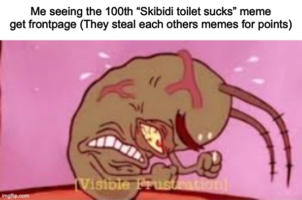 I hate Skibidi toilet too, but I’ve seen that SO MANY TIMES! | Me seeing the 100th “Skibidi toilet sucks” meme get frontpage (They steal each others memes for points) | image tagged in visible frustration | made w/ Imgflip meme maker