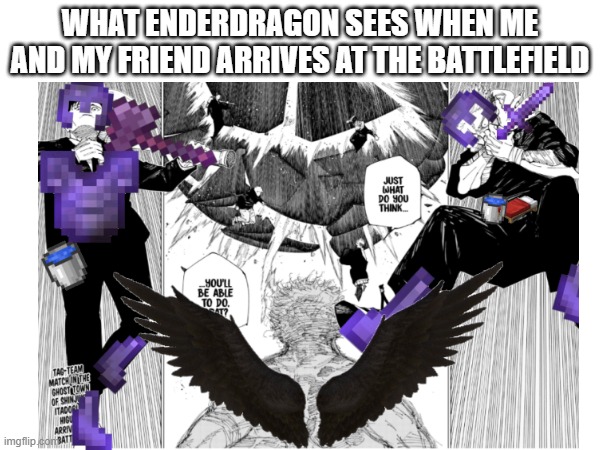 Final fight be like | WHAT ENDERDRAGON SEES WHEN ME AND MY FRIEND ARRIVES AT THE BATTLEFIELD | image tagged in minecraft | made w/ Imgflip meme maker