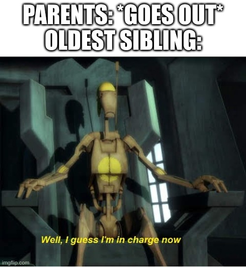 fr | PARENTS: *GOES OUT*
OLDEST SIBLING: | image tagged in guess i'm in charge now,fun,funny,star wars,parents,based off of a true story | made w/ Imgflip meme maker