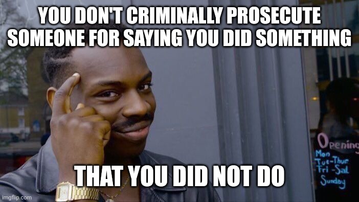 Roll Safe Think About It Meme | YOU DON'T CRIMINALLY PROSECUTE SOMEONE FOR SAYING YOU DID SOMETHING THAT YOU DID NOT DO | image tagged in memes,roll safe think about it | made w/ Imgflip meme maker