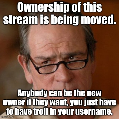 it was a pleasure working with nobody.  I'm going solo. | Ownership of this stream is being moved. Anybody can be the new owner if they want, you just have to have troll in your username. | image tagged in tommy lee jones are you serious | made w/ Imgflip meme maker