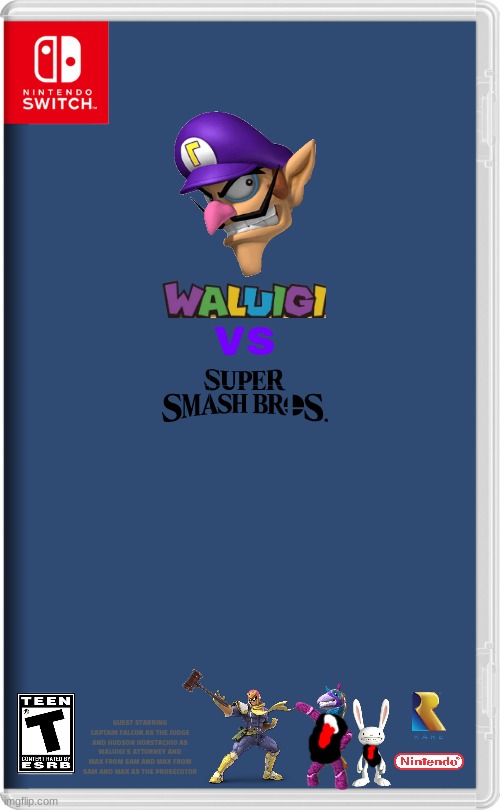 waluigi's greatest hits volume 4 | VS; GUEST STARRING CAPTAIN FALCON AS THE JUDGE AND HUDSON HORSTACHIO AS WALUIGI'S ATTORNEY AND MAX FROM SAM AND MAX FROM SAM AND MAX AS THE PROSECUTOR | image tagged in nintendo switch,waluigi,smash bros,rareware,crossover,fake | made w/ Imgflip meme maker