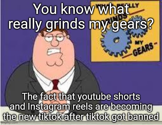 You know what really grinds my gears | You know what really grinds my gears? The fact that youtube shorts and Instagram reels are becoming the new tiktok after tiktok got banned | image tagged in you know what really grinds my gears,tiktok sucks,tiktok,sad but true,but why tho | made w/ Imgflip meme maker