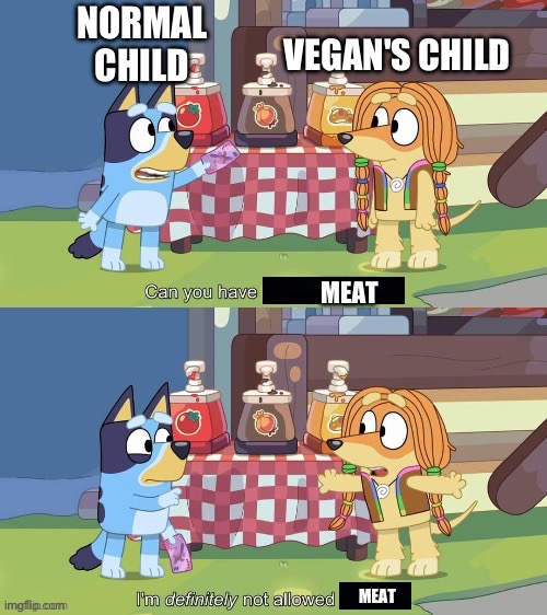 Bluey Indy not allowed | NORMAL CHILD; VEGAN'S CHILD; MEAT; MEAT | image tagged in bluey indy not allowed | made w/ Imgflip meme maker