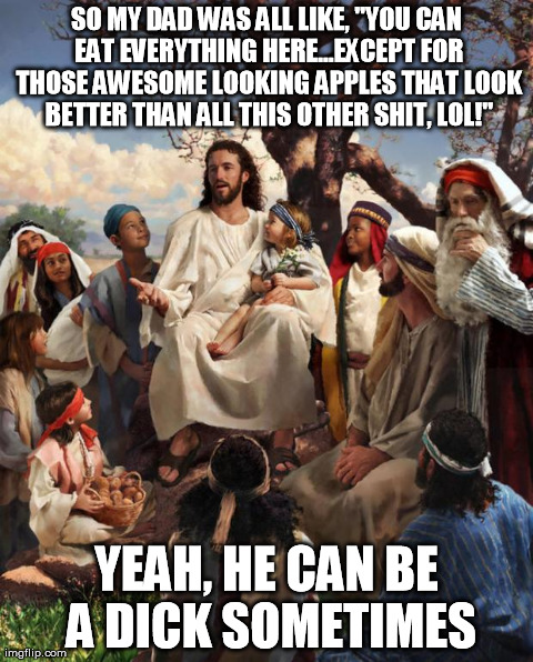 Story Time Jesus | SO MY DAD WAS ALL LIKE, "YOU CAN EAT EVERYTHING HERE...EXCEPT FOR THOSE AWESOME LOOKING APPLES THAT LOOK BETTER THAN ALL THIS OTHER SHIT, LO | image tagged in story time jesus | made w/ Imgflip meme maker