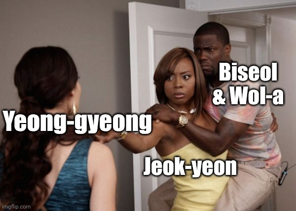 Yeong-gyeong vs Jeokyeon | Biseol & Wol-a; Yeong-gyeong; Jeok-yeon | image tagged in protected kevin hart | made w/ Imgflip meme maker
