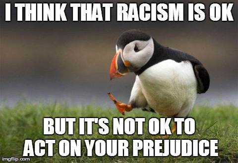 I THINK THAT RACISM IS OK BUT IT'S NOT OK TO ACT ON YOUR PREJUDICE | image tagged in puffin,AdviceAnimals | made w/ Imgflip meme maker