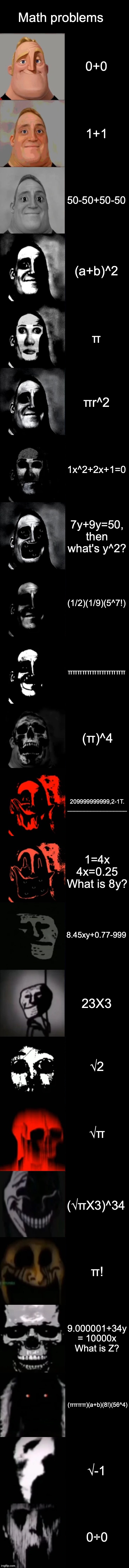 Unsettling! | Math problems; 0+0; 1+1; 50-50+50-50; (a+b)^2; π; πr^2; 1x^2+2x+1=0; 7y+9y=50, then what's y^2? (1/2)(1/9)(5^7!); ππππππππππππ; (π)^4; 209999999999,2-1T.
__________________; 1=4x
4x=0.25
What is 8y? 8.45xy+0.77-999; 23X3; √2; √π; (√πX3)^34; π! 9.000001+34y = 10000x
What is Z? (ππππ)(a+b)(8!)(56^4); √-1; 0÷0 | image tagged in mr incredible becoming uncanny extended hd,unsettling,images,disturbing words,math,memes | made w/ Imgflip meme maker