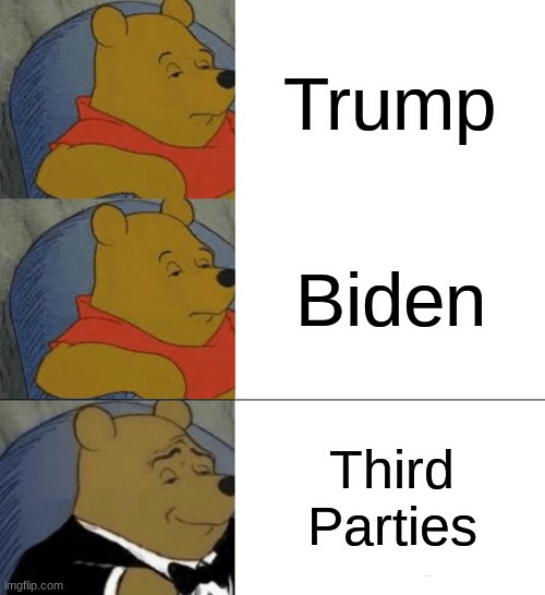 I might be moving away from both big parties | Trump; Biden; Third Parties | image tagged in memes,tuxedo winnie the pooh,trump,biden,politics,dank memes | made w/ Imgflip meme maker