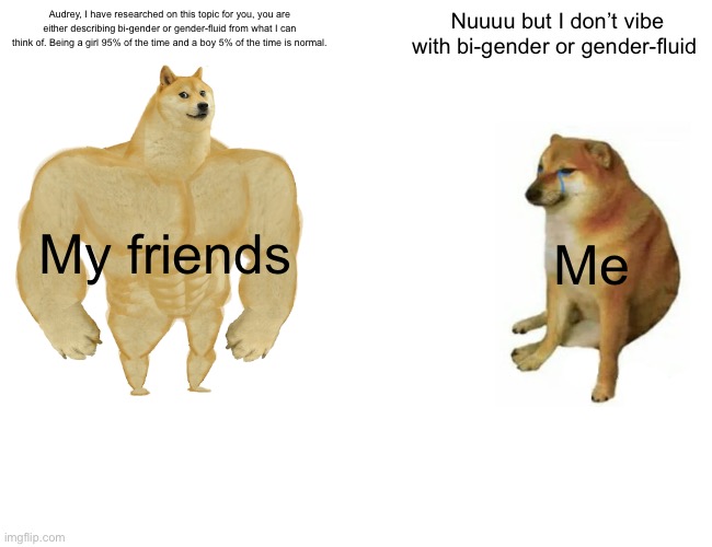 Buff Doge vs. Cheems | Audrey, I have researched on this topic for you, you are either describing bi-gender or gender-fluid from what I can think of. Being a girl 95% of the time and a boy 5% of the time is normal. Nuuuu but I don’t vibe with bi-gender or gender-fluid; My friends; Me | image tagged in memes,buff doge vs cheems | made w/ Imgflip meme maker