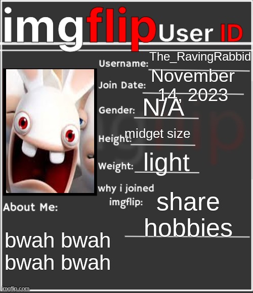 imgflip User ID | The_RavingRabbid; November 14, 2023; N/A; midget size; light; share hobbies; bwah bwah bwah bwah | image tagged in imgflip user id,my zombie apocalypse team | made w/ Imgflip meme maker