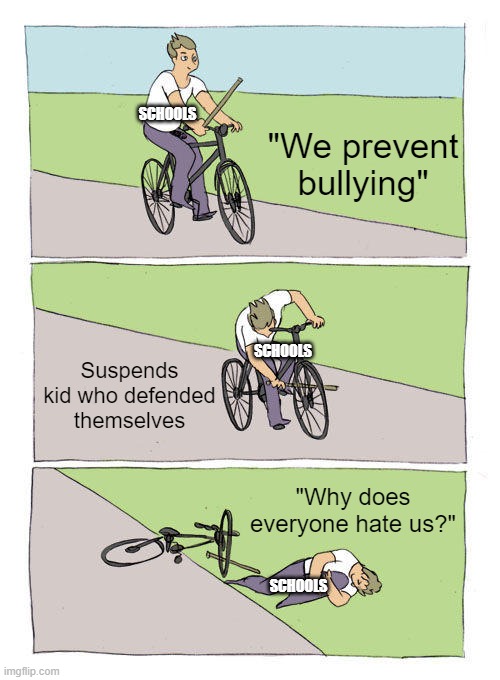 Bike Fall | "We prevent bullying"; SCHOOLS; Suspends kid who defended themselves; SCHOOLS; "Why does everyone hate us?"; SCHOOLS | image tagged in memes,bike fall | made w/ Imgflip meme maker