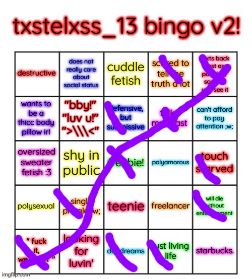 bingo hahahahahahah | image tagged in txstelxss_13 bingo v2 | made w/ Imgflip meme maker