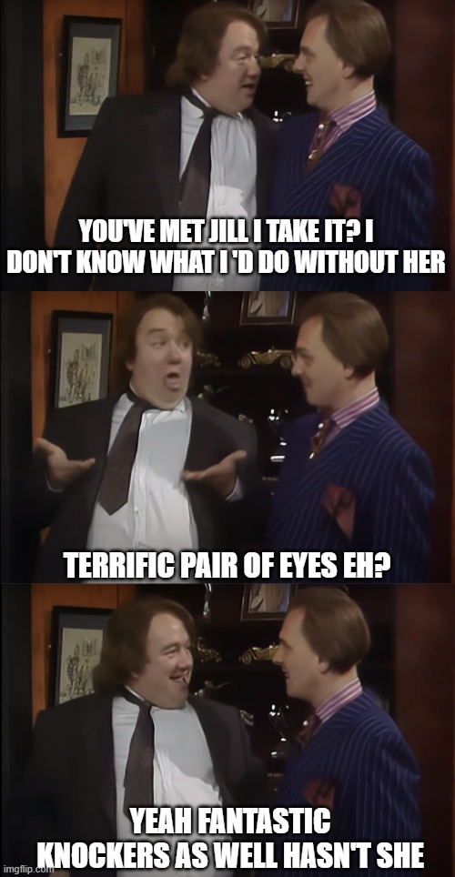 Fantastic Pair Of Eyes | YOU'VE MET JILL I TAKE IT? I DON'T KNOW WHAT I 'D DO WITHOUT HER; TERRIFIC PAIR OF EYES EH? YEAH FANTASTIC KNOCKERS AS WELL HASN'T SHE | image tagged in filthy rich and catflap,rik mayall,mel smith | made w/ Imgflip meme maker