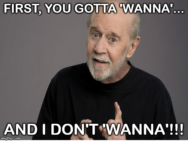 FIRST, YOU GOTTA 'WANNA'... AND I DON'T 'WANNA'!!! | image tagged in george carlin | made w/ Imgflip meme maker