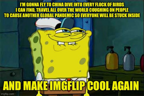Don't You Squidward | I’M GONNA FLY TO CHINA DIVE INTO EVERY FLOCK OF BIRDS I CAN FIND, TRAVEL ALL OVER THE WORLD COUGHING ON PEOPLE TO CAUSE ANOTHER GLOBAL PANDEMIC SO EVERYONE WILL BE STUCK INSIDE; AND MAKE IMGFLIP COOL AGAIN | image tagged in memes,don't you squidward | made w/ Imgflip meme maker