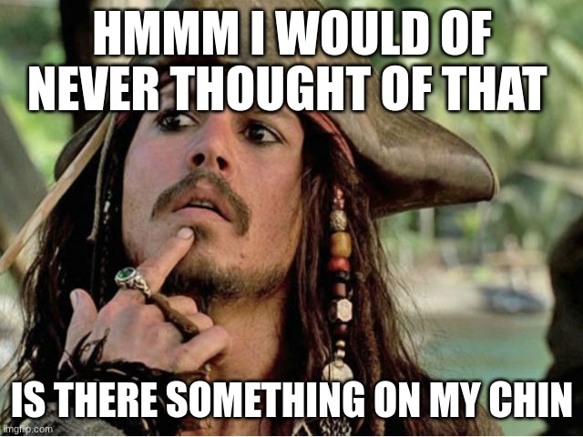 jack sparrow | HMMM I WOULD OF NEVER THOUGHT OF THAT; IS THERE SOMETHING ON MY CHIN | image tagged in jack sparrow | made w/ Imgflip meme maker